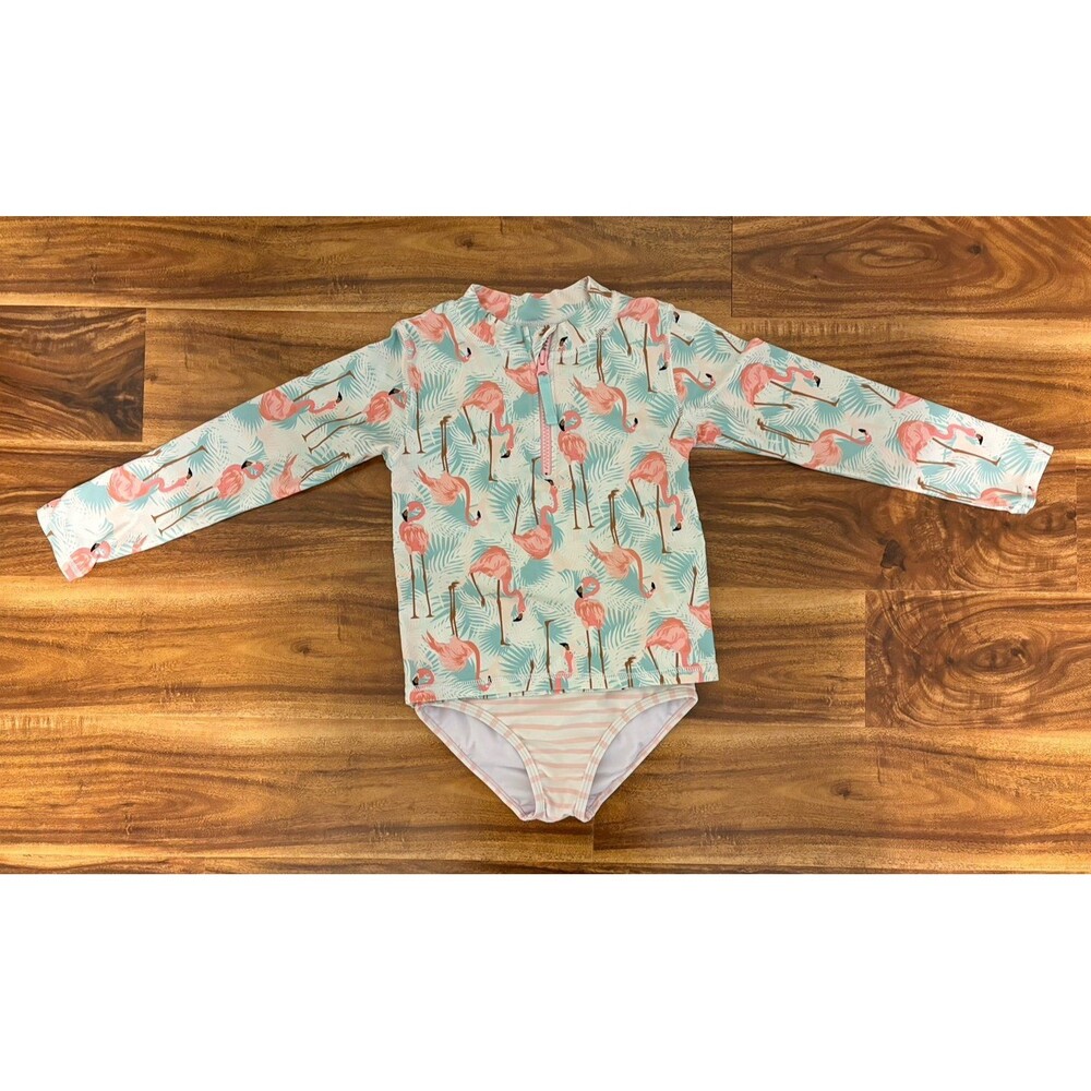 RuffleButts Long Sleeve Two-Piece Rashguard Swimsuit, Flamingo Print, Size 5T
